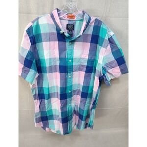St Johns Bay Mens XL Plaid Performance Shirt Short Sleeve Pink Blue Teal Cotton